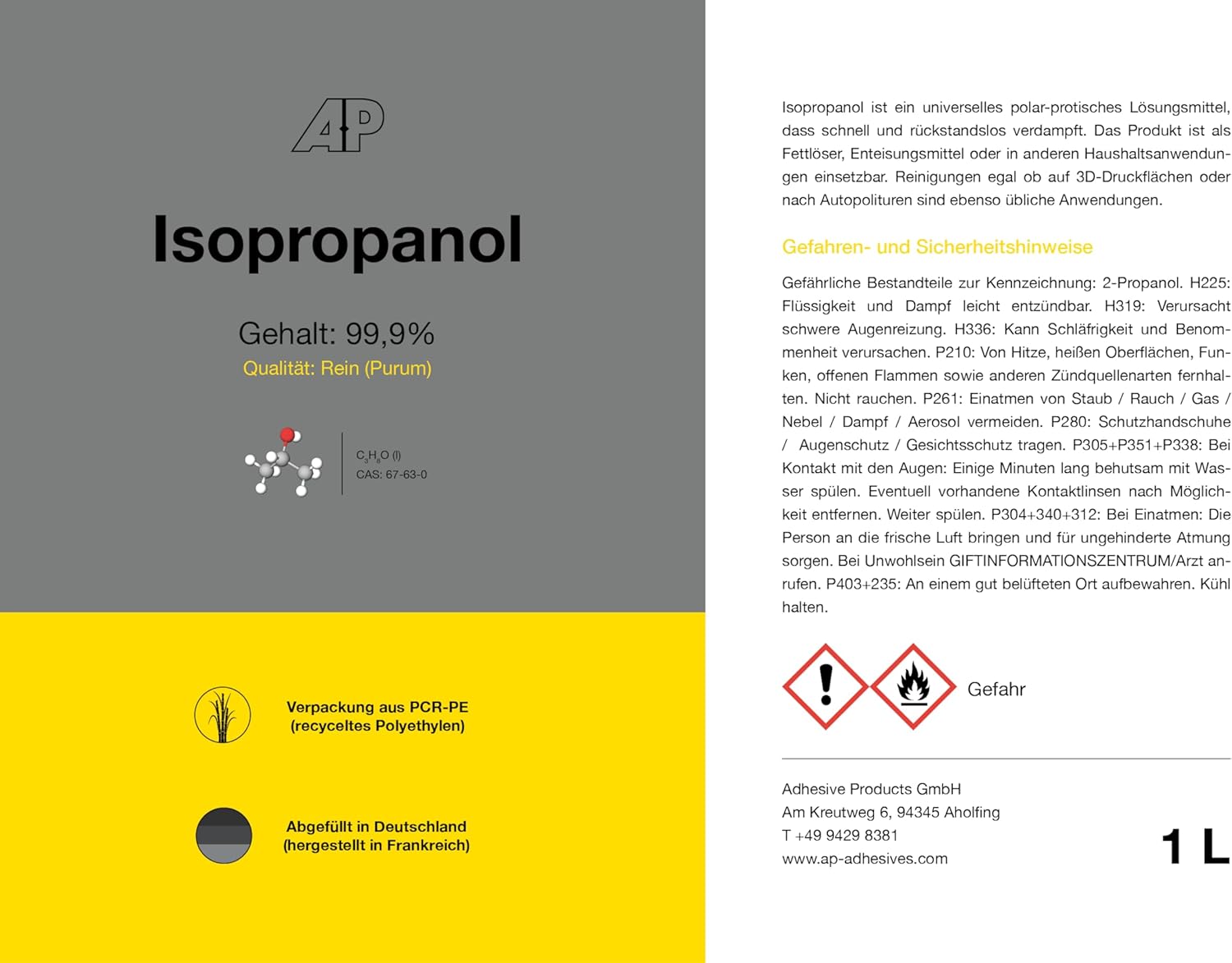 Isopropanol 99,9% - Reiniger / Entfetter / Lösungsmittel, 1 L